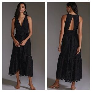 Anthropologie Maeve Sz 10 Dress Eyelet Faux Wrap Black Midi Maxi high low cutout